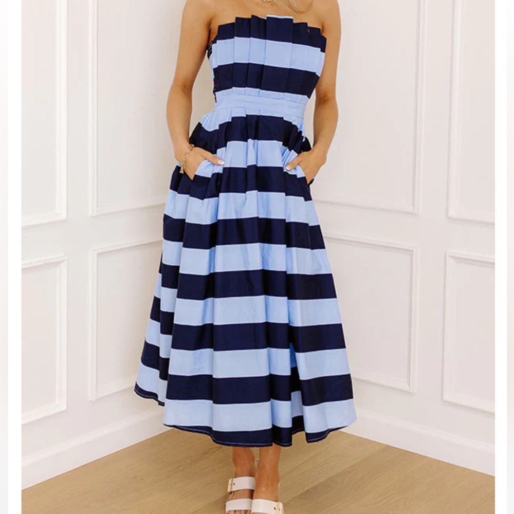 Striped Strapless Midi Dress